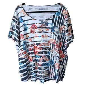 Basic Editions Woman Floral Stripe Rhinestone Tunic Top‎ Plus Size 3X